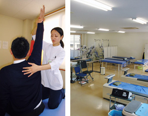 リハビリの様子とリハビリ室。充実したセラピストが決め細やかなリハビリを提供します。